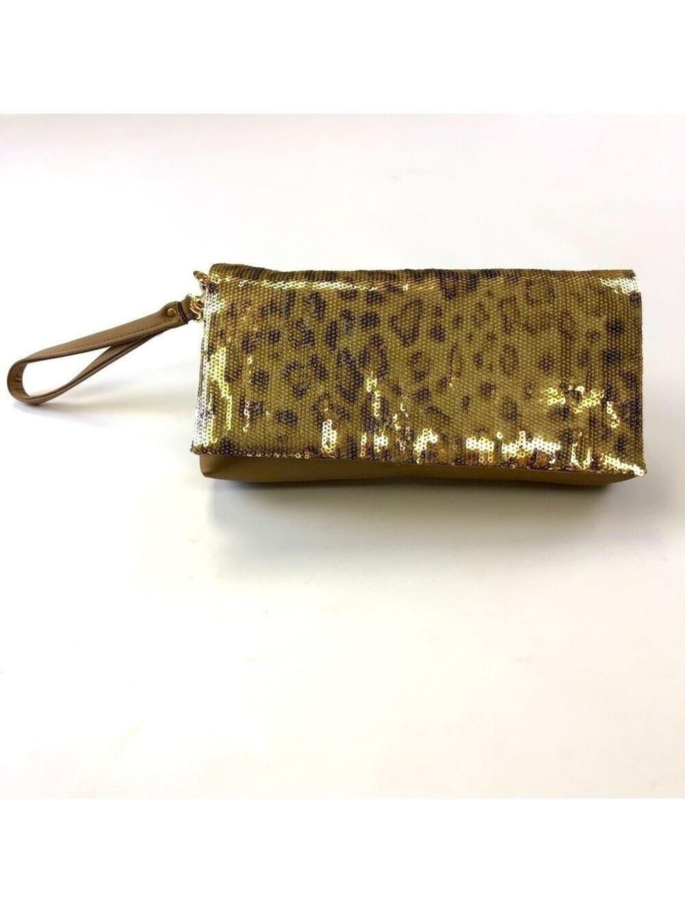 Gold leopard sequin flap satin body wristlet evening bag NEW with tags